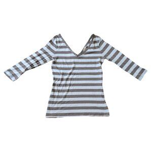 Banana Republic Women's Tan White Striped 3/4 Sleeve V-Neck Top Size S‎ Nautical